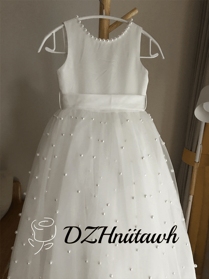 Tulle off white flower girl dress, pearls flower girl dress v back top dress, communion dress