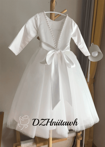 Off white flower girl dress, v back top dress with pearls, Communion dress with long sleeves