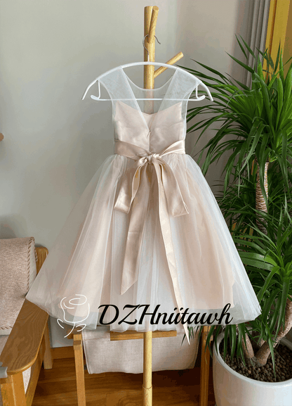 Blush flower girl dress, tulle flower girl dress, illusion girl dress, tutu flower girl dress tea length